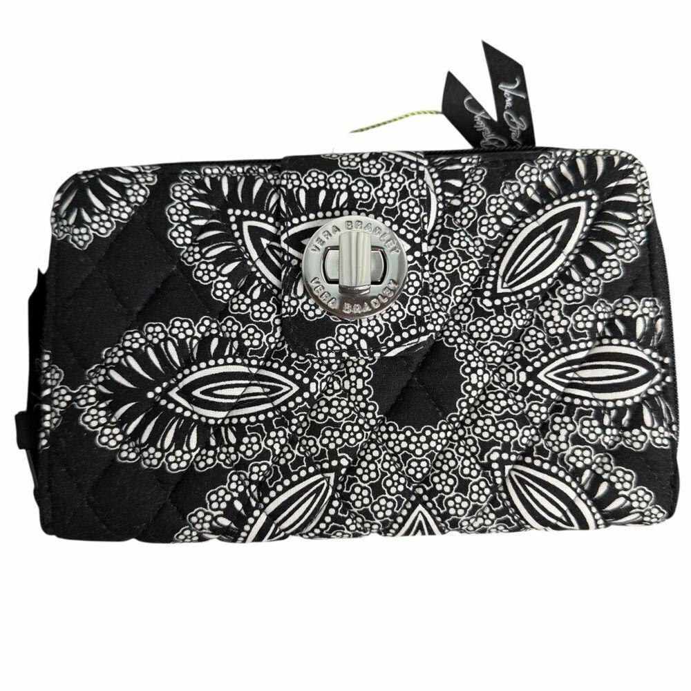 Vera Bradley Turnlock Wallet Blanco Bouquet Black/White Paisley Oversized
